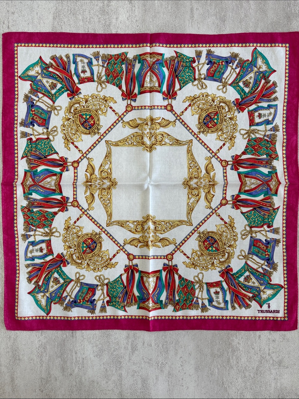 Trussardi cotton Scarf in Fuchsia, White & Gold Crest Motif